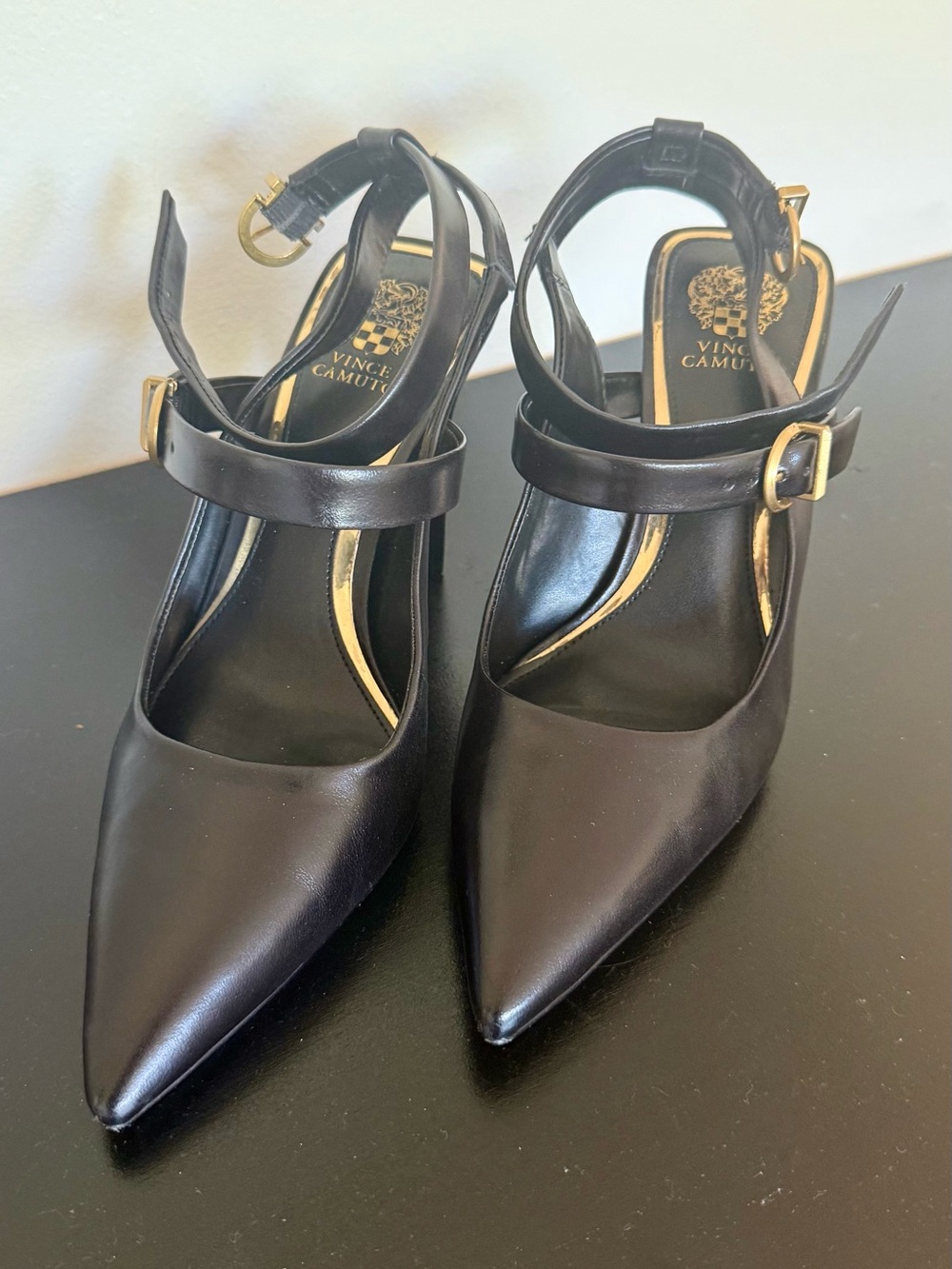 Vince Camuto Black Leather Pointed Mary Jane Pumps with Gold Buckles